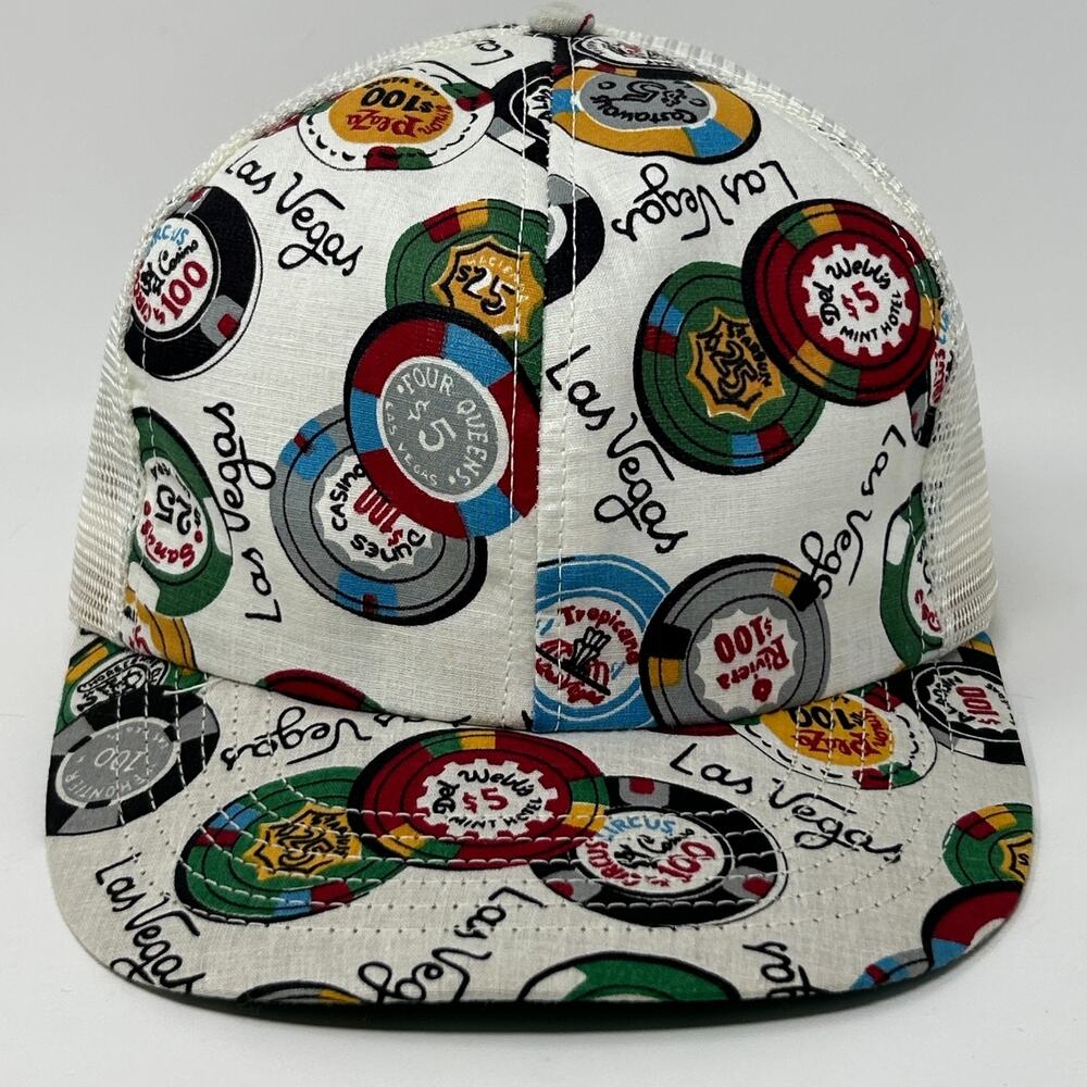 Vintage 80s Las Vegas Poker Chips Trucker Hat Baseball Cap White Casino Snapback